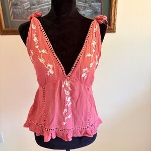 Sim & Sam Sleeveless Top Womens Large Rose Pink Floral Embroidered Boho Peplum